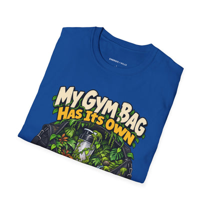 Graphic fitness T-shirt featuring the "My Gym Bag Has Its Own Ecosystem" design.