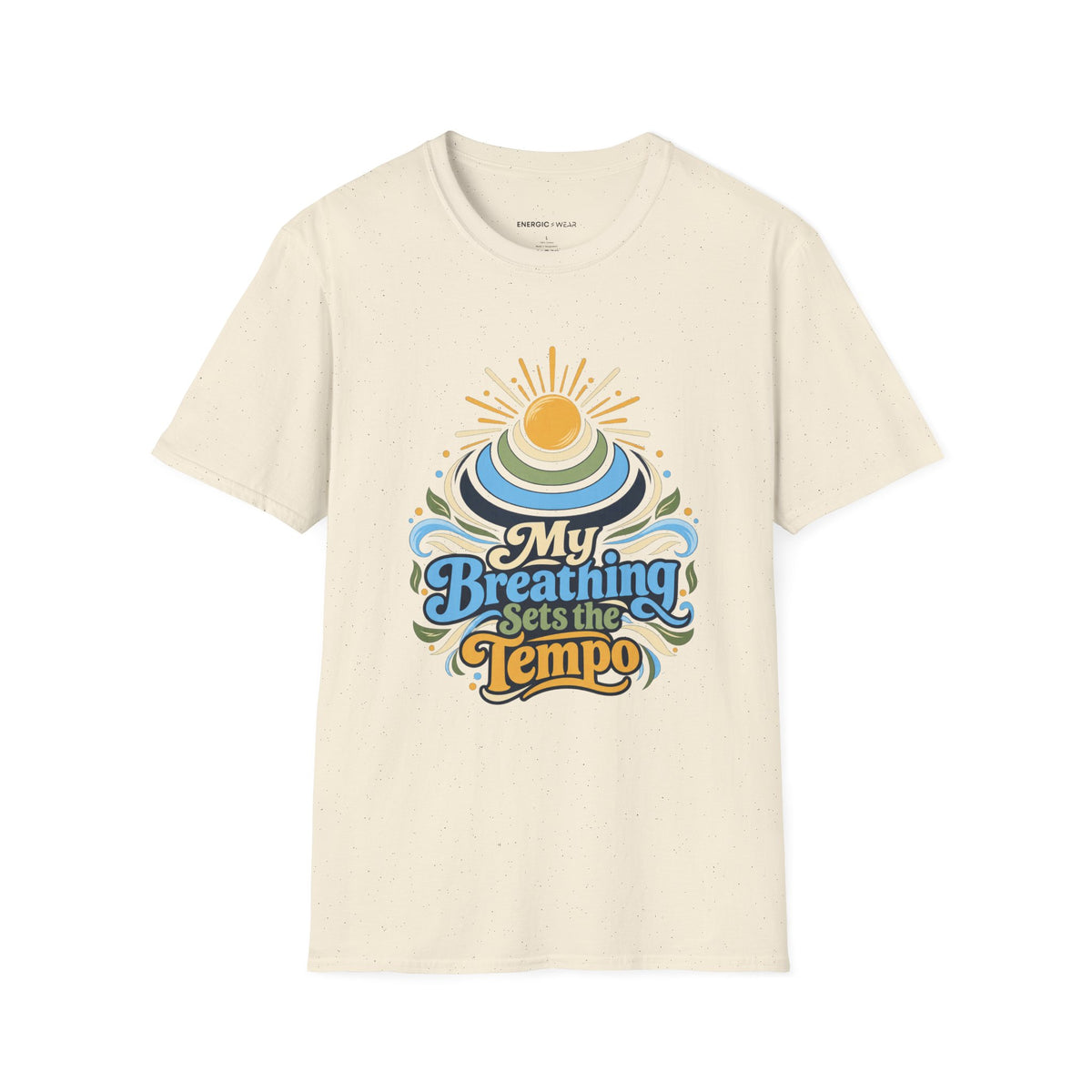 Graphic fitness T-shirt featuring the "My Breathing Sets the Tempo" design.
