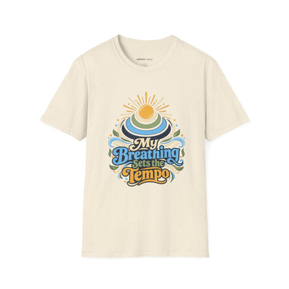 Graphic fitness T-shirt featuring the "My Breathing Sets the Tempo" design.