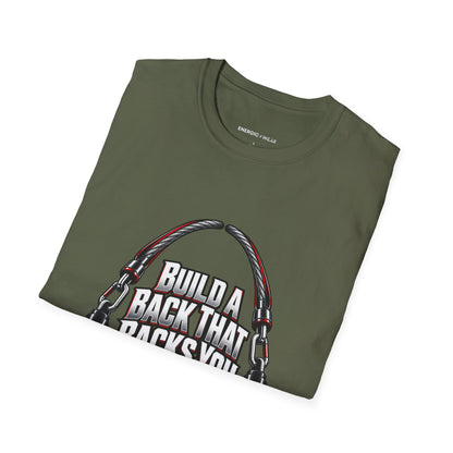Graphic fitness T-shirt featuring the "Build a Back That Backs You" design.