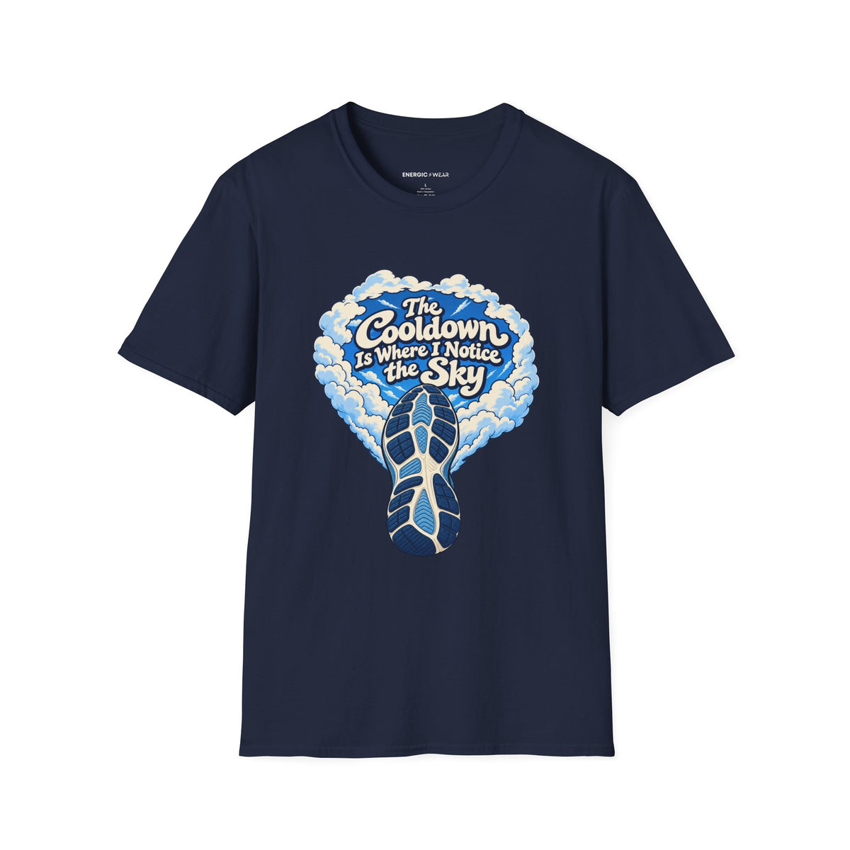 Graphic fitness T-shirt featuring the "The Cooldown Is Where I Notice the Sky" design.