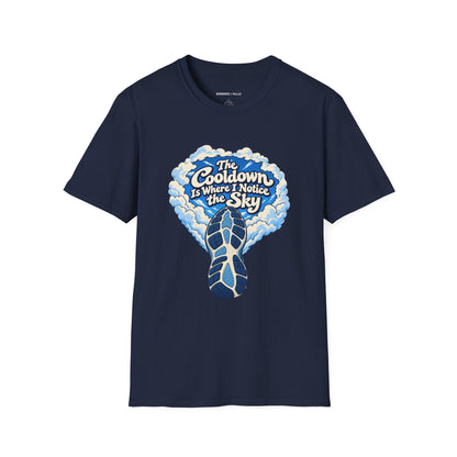 Graphic fitness T-shirt featuring the "The Cooldown Is Where I Notice the Sky" design.