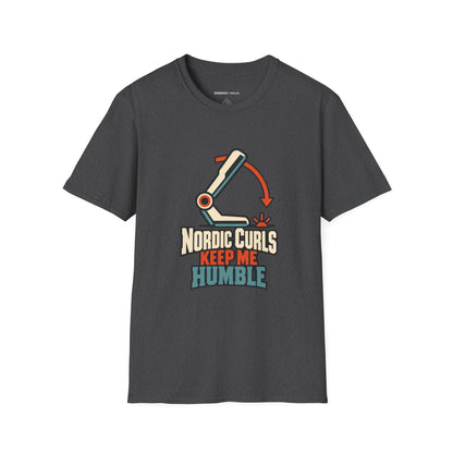 Graphic fitness T-shirt featuring the "Nordic Curls Keep Me Humble" design.