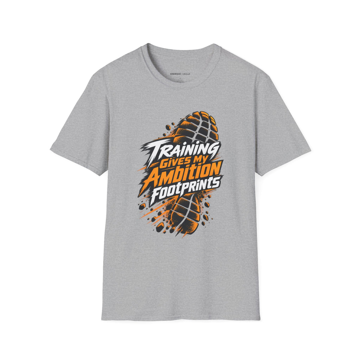 Graphic fitness T-shirt featuring the "Training Gives My Ambition Footprints" design.