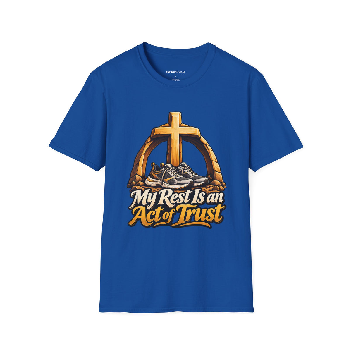 Graphic fitness T-shirt featuring the "My Rest Is an Act of Trust" design.