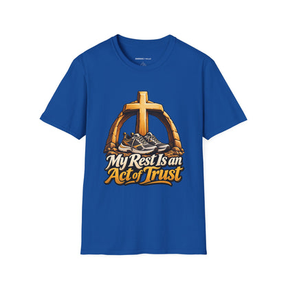 Graphic fitness T-shirt featuring the "My Rest Is an Act of Trust" design.