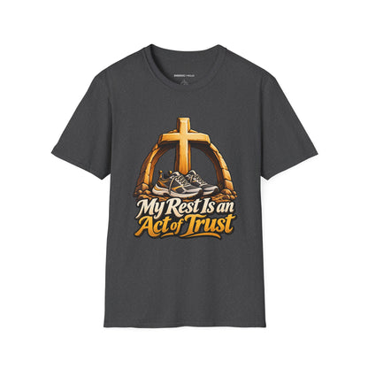 Graphic fitness T-shirt featuring the "My Rest Is an Act of Trust" design.
