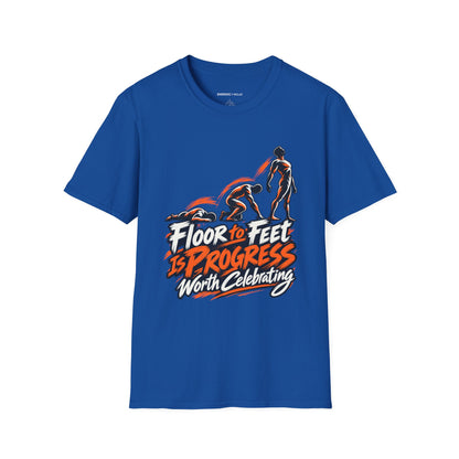 Graphic fitness T-shirt featuring the "Floor to Feet Is Progress Worth Celebrating" design.