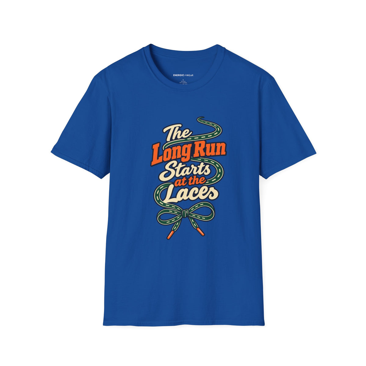 Graphic fitness T-shirt featuring the "The Long Run Starts at the Laces" design.