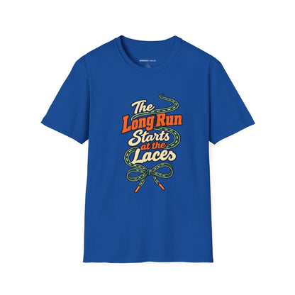 Graphic fitness T-shirt featuring the "The Long Run Starts at the Laces" design.