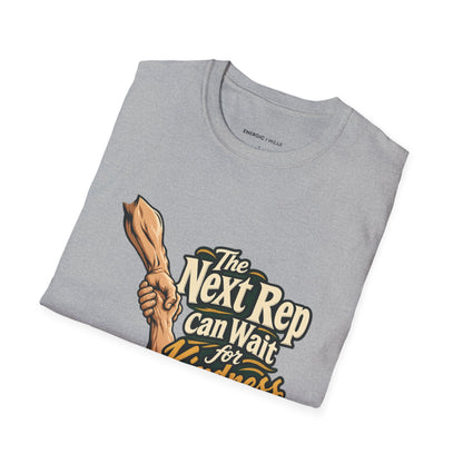 Graphic fitness T-shirt featuring the "The Next Rep Can Wait for Kindness" design.