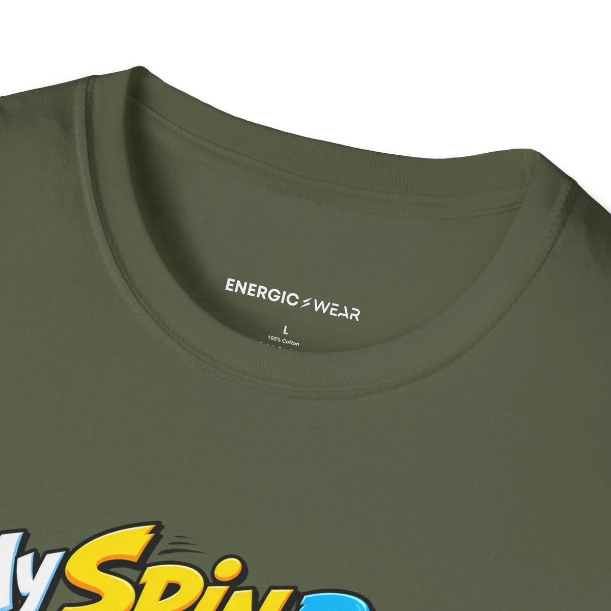 Graphic fitness T-shirt featuring the "My Spin Bike Goes Nowhere with Great Enthusiasm" design.