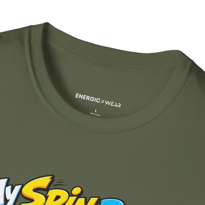 Graphic fitness T-shirt featuring the "My Spin Bike Goes Nowhere with Great Enthusiasm" design.
