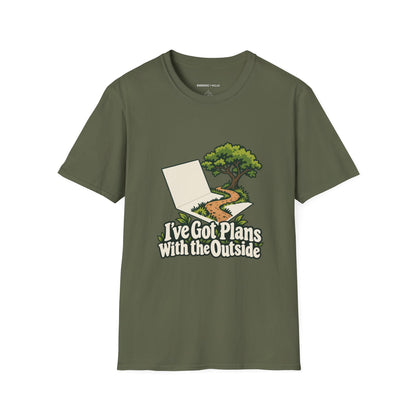Graphic fitness T-shirt featuring the "I ve Got Plans With the Outside" design.