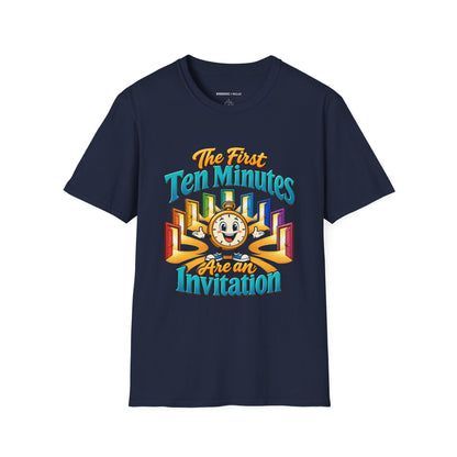 Graphic fitness T-shirt featuring the "The First Ten Minutes Are an Invitation" design.