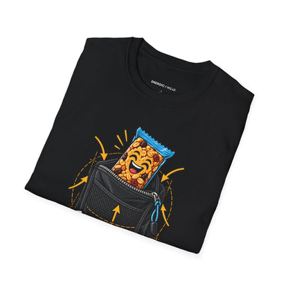Graphic fitness T-shirt featuring the "The Snack Pocket Is Essential Equipment" design.