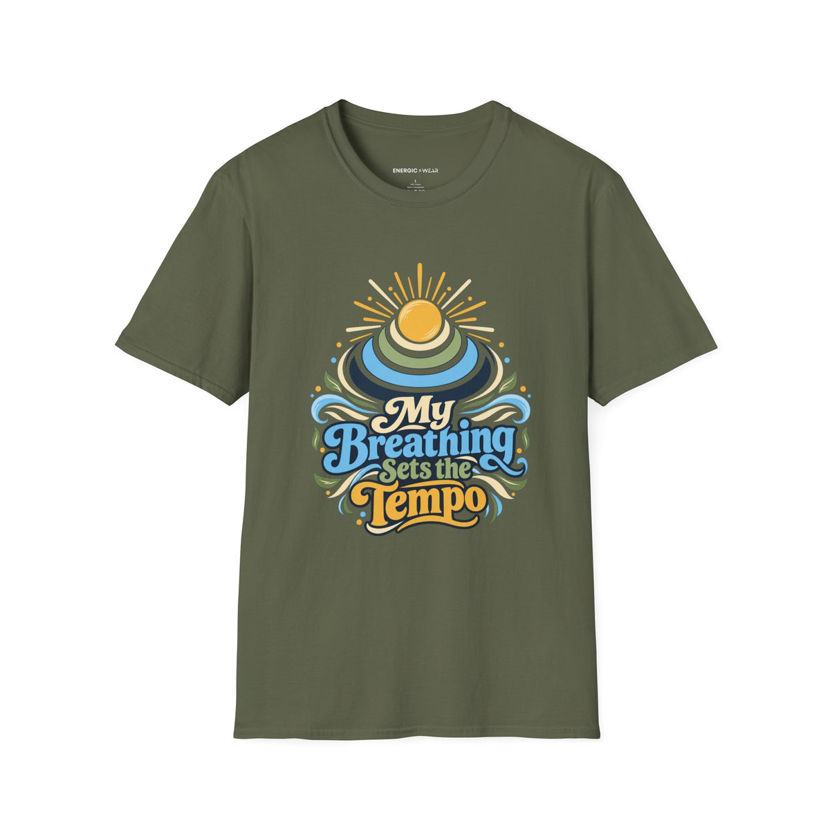 Graphic fitness T-shirt featuring the "My Breathing Sets the Tempo" design.