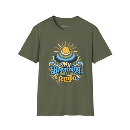 Graphic fitness T-shirt featuring the "My Breathing Sets the Tempo" design.