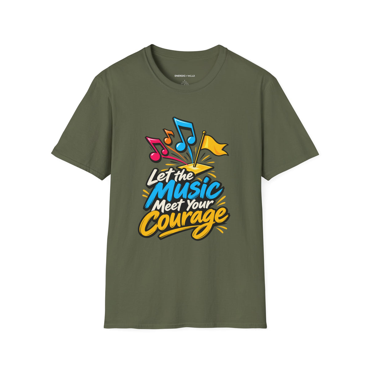 Graphic fitness T-shirt featuring the "Let the Music Meet Your Courage" design.