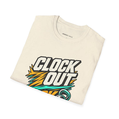 Graphic fitness T-shirt featuring the "Clock Out, Lock In" design.