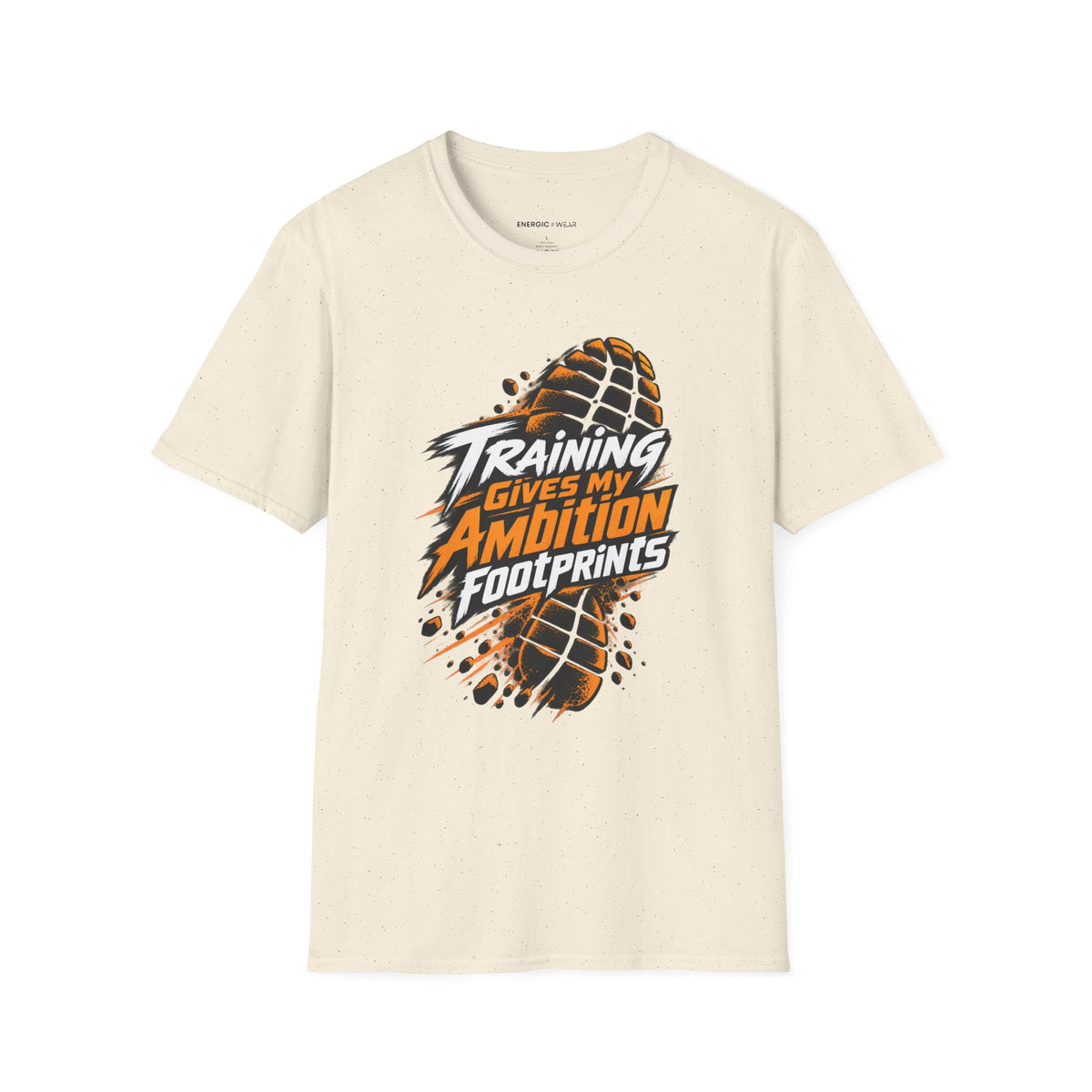 Graphic fitness T-shirt featuring the "Training Gives My Ambition Footprints" design.