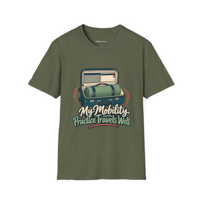 Graphic fitness T-shirt featuring the "My Mobility Practice Travels Well" design.