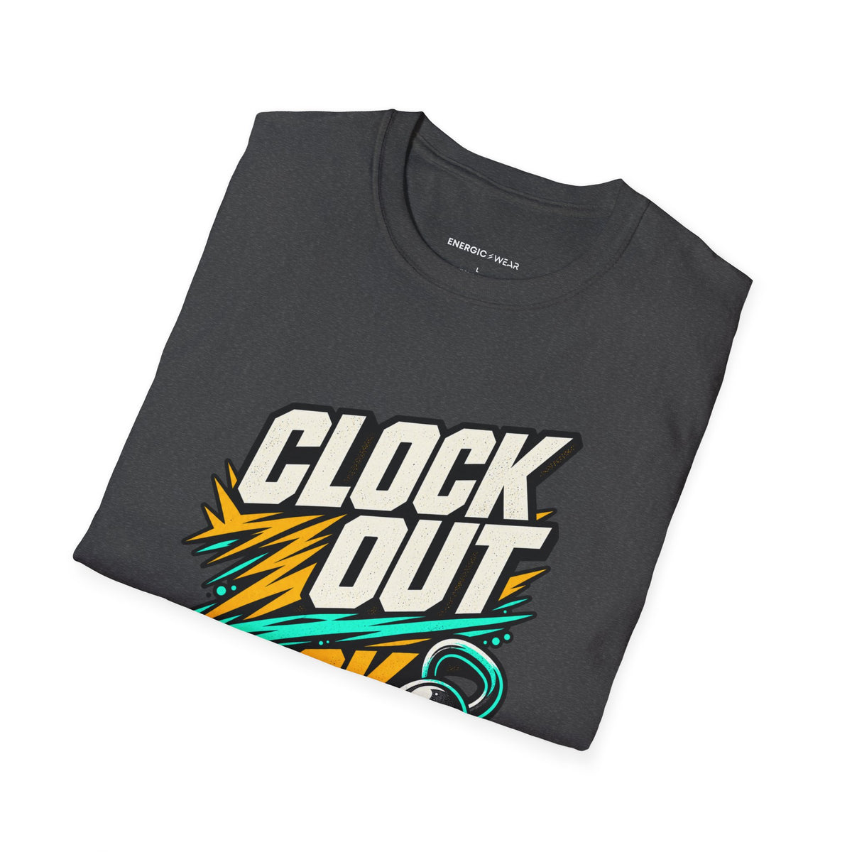 Graphic fitness T-shirt featuring the "Clock Out, Lock In" design.