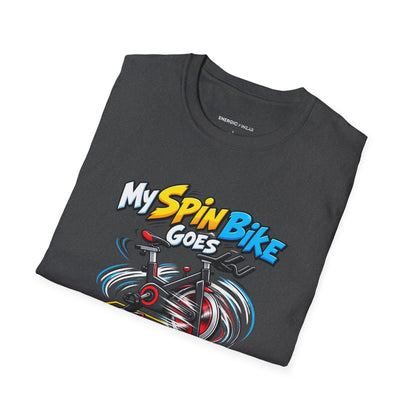 Graphic fitness T-shirt featuring the "My Spin Bike Goes Nowhere with Great Enthusiasm" design.