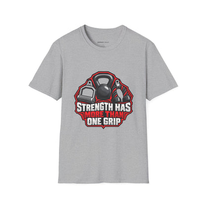 Graphic fitness T-shirt featuring the "Strength Has More Than One Grip" design.