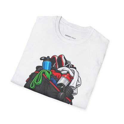 Graphic fitness T-shirt featuring the "I Need a Spotter for My Gym Bag" design.