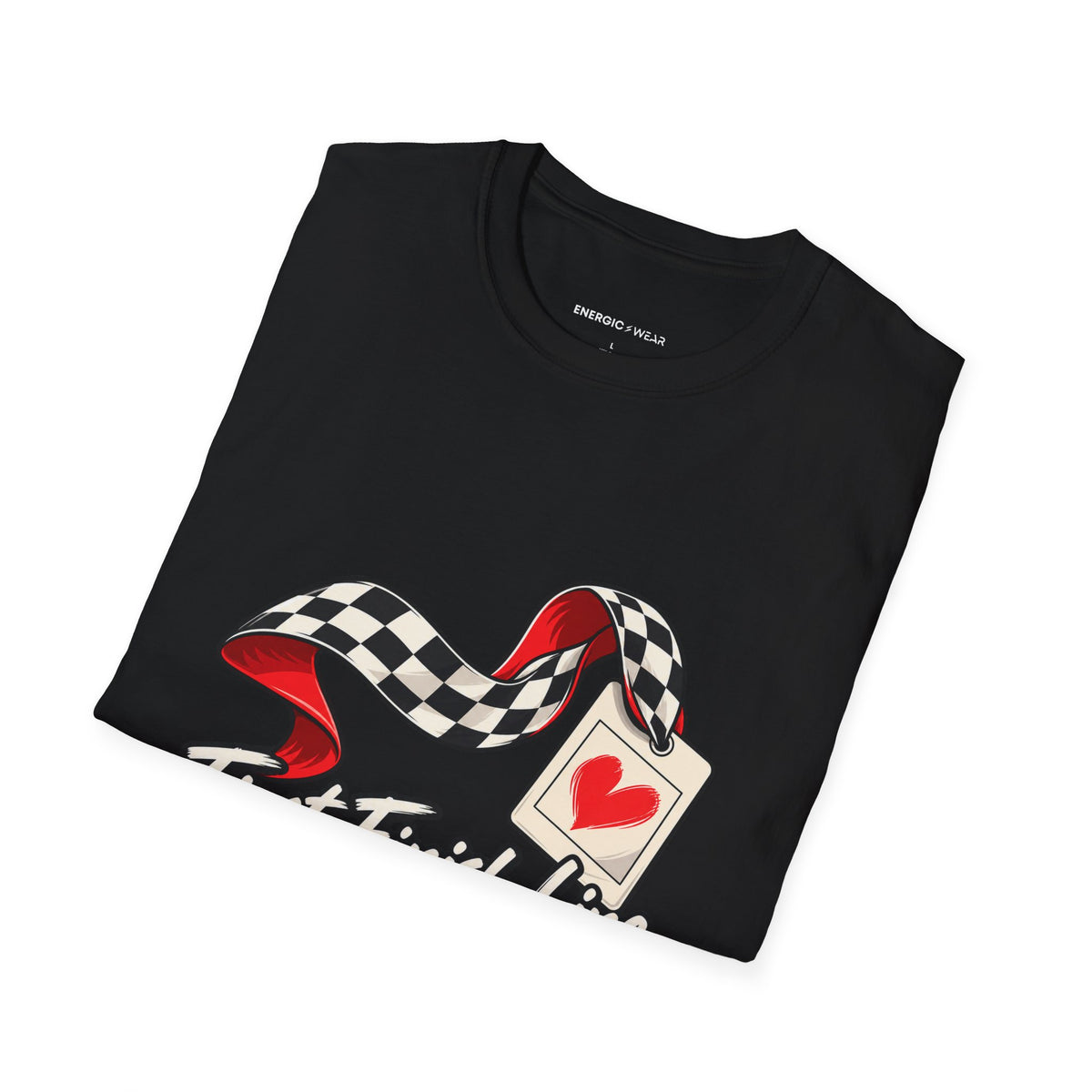 Graphic fitness T-shirt featuring the "First Finish Line Lifelong Memory" design.