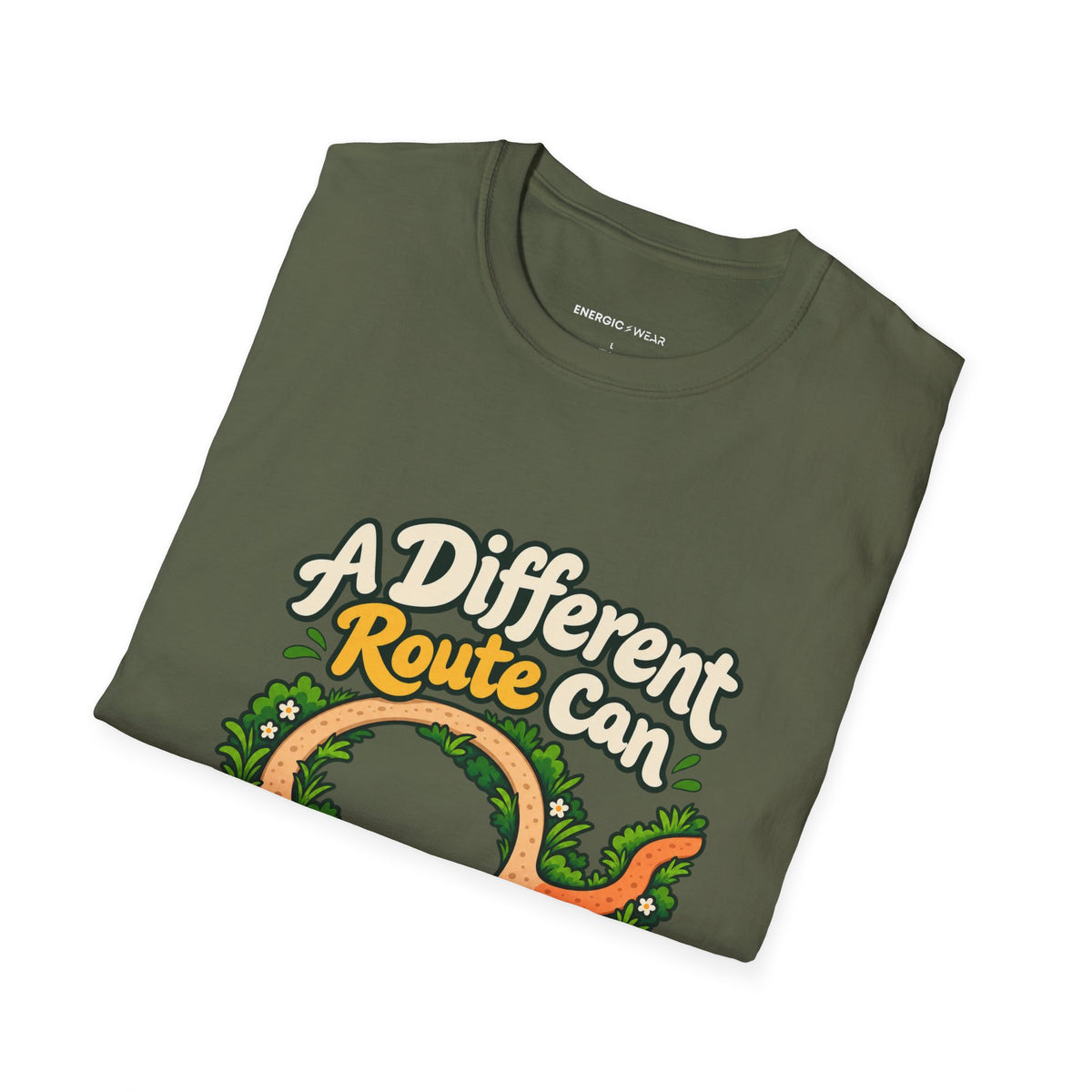 Graphic fitness T-shirt featuring the "A Different Route Can Refresh a Routine" design.