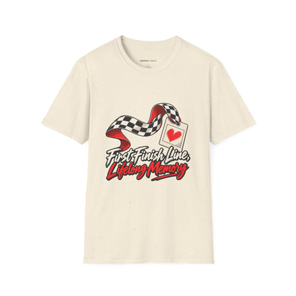 Graphic fitness T-shirt featuring the "First Finish Line Lifelong Memory" design.