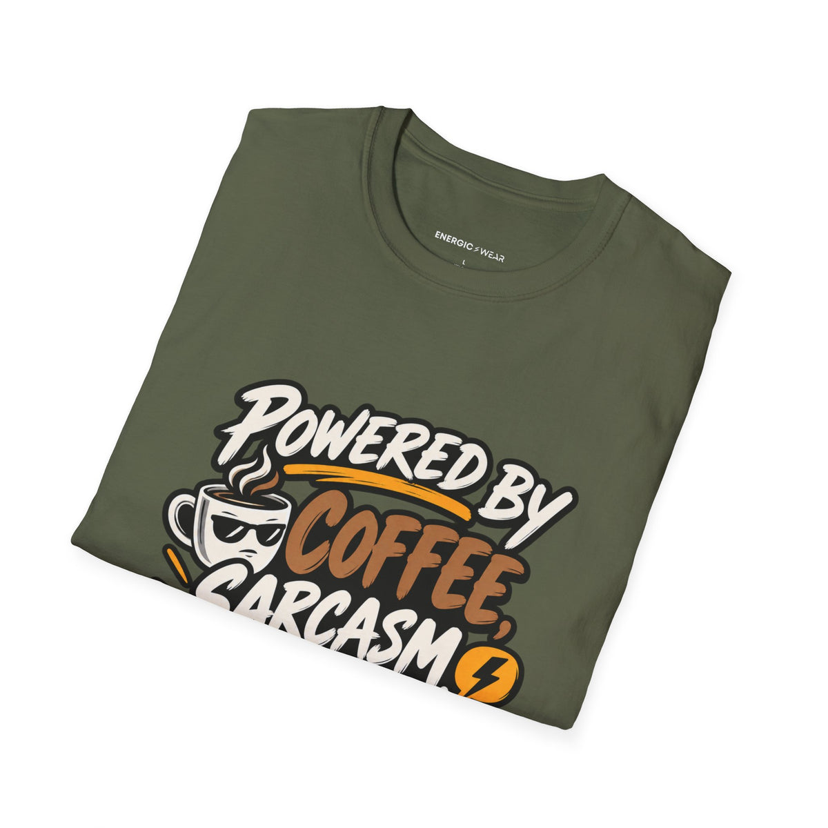 Graphic fitness T-shirt featuring the "Powered by Coffee, Sarcasm and Squats" design.