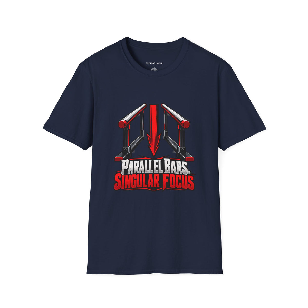 Graphic fitness T-shirt featuring the "Parallel Bars Singular Focus" design.