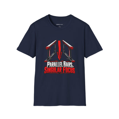 Graphic fitness T-shirt featuring the "Parallel Bars Singular Focus" design.