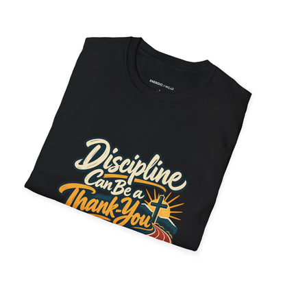 Graphic fitness T-shirt featuring the "Discipline Can Be a Thank-You" design.
