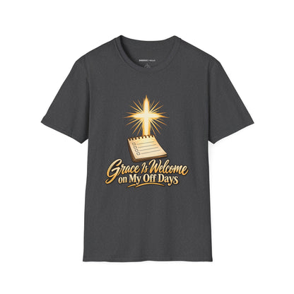 Graphic fitness T-shirt featuring the "Grace Is Welcome on My Off Days" design.
