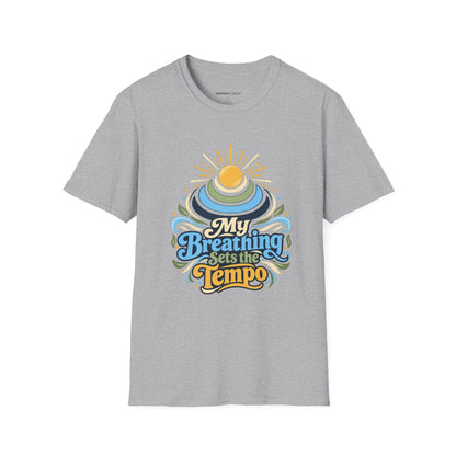Graphic fitness T-shirt featuring the "My Breathing Sets the Tempo" design.
