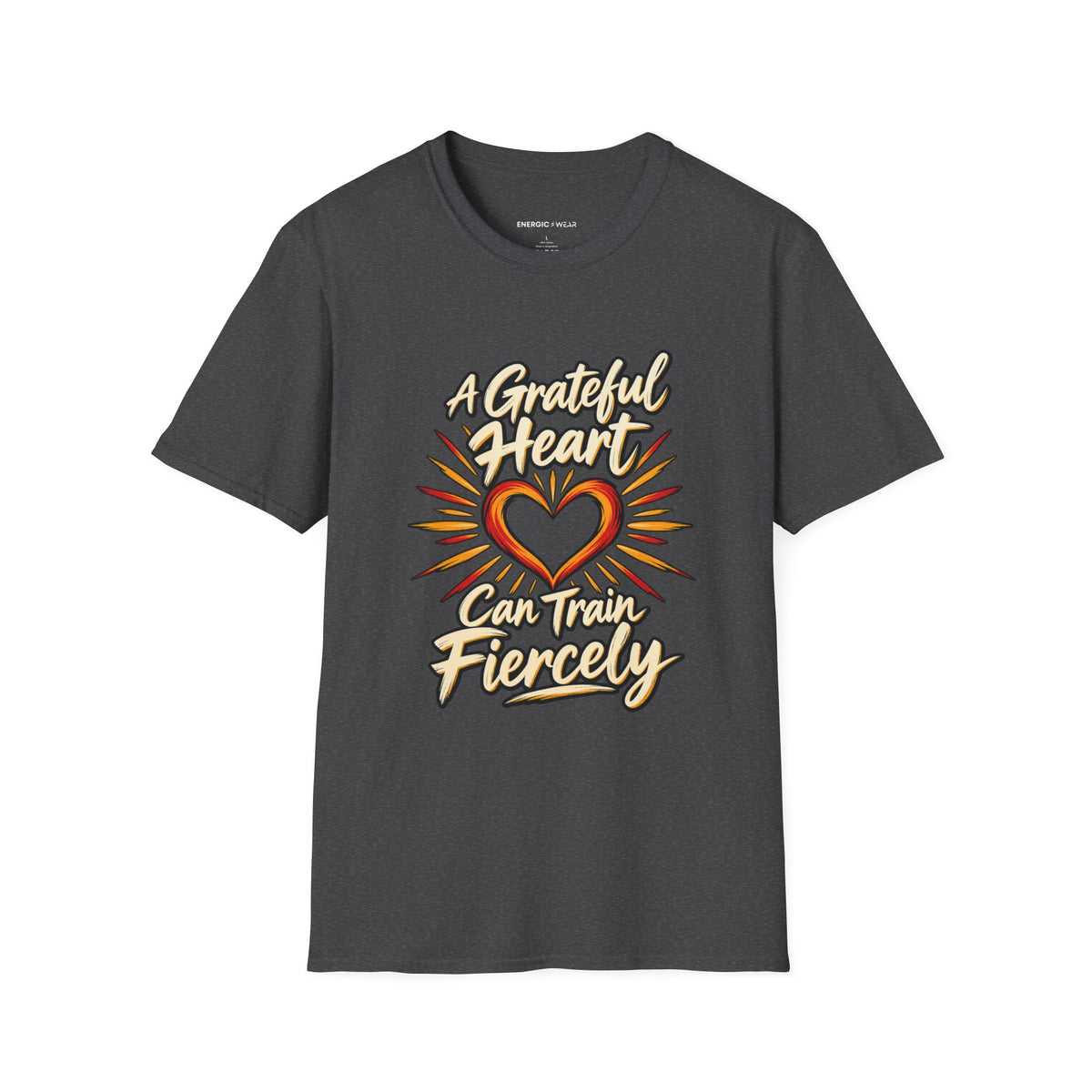 Graphic fitness T-shirt featuring the "A Grateful Heart Can Train Fiercely" design.