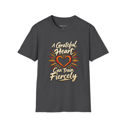 Graphic fitness T-shirt featuring the "A Grateful Heart Can Train Fiercely" design.