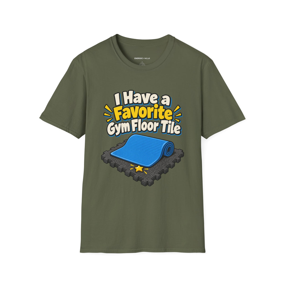 Graphic fitness T-shirt featuring the "I Have a Favorite Gym Floor Tile" design.