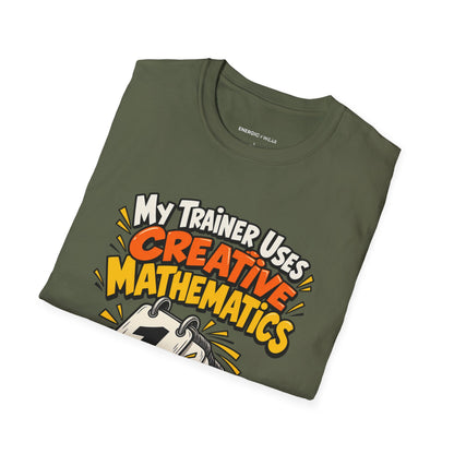 Graphic fitness T-shirt featuring the "My Trainer Uses Creative Mathematics" design.