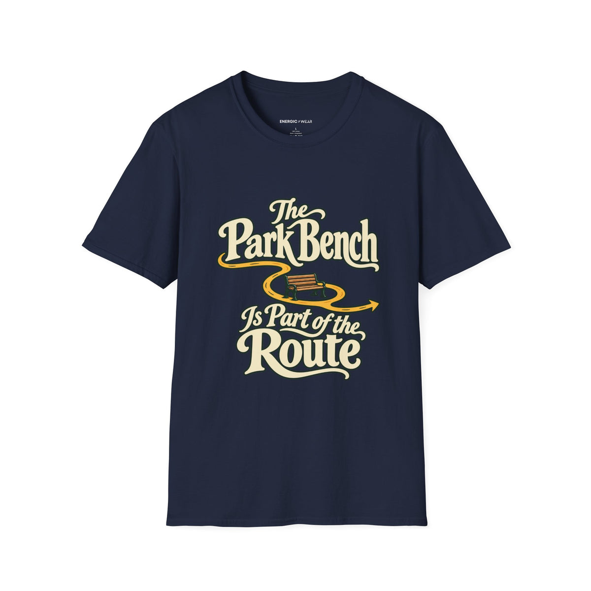 Graphic fitness T-shirt featuring the "The Park Bench Is Part of the Route" design.