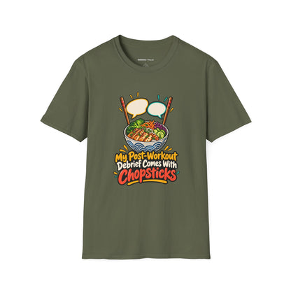 Graphic fitness T-shirt featuring the "My Post-Workout Debrief Comes With Chopsticks" design.