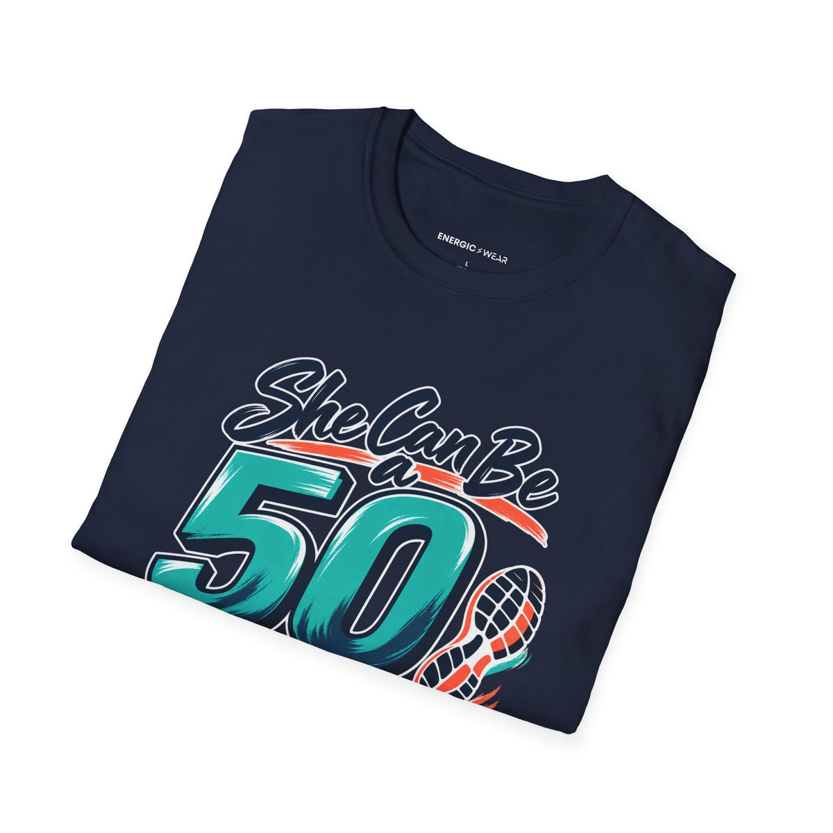 Graphic fitness T-shirt featuring the "She Can Be a Beginner at Fifty" design.