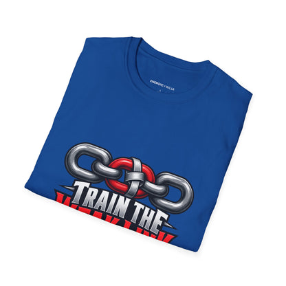 Graphic fitness T-shirt featuring the "Train the Weak Link With Respect" design.