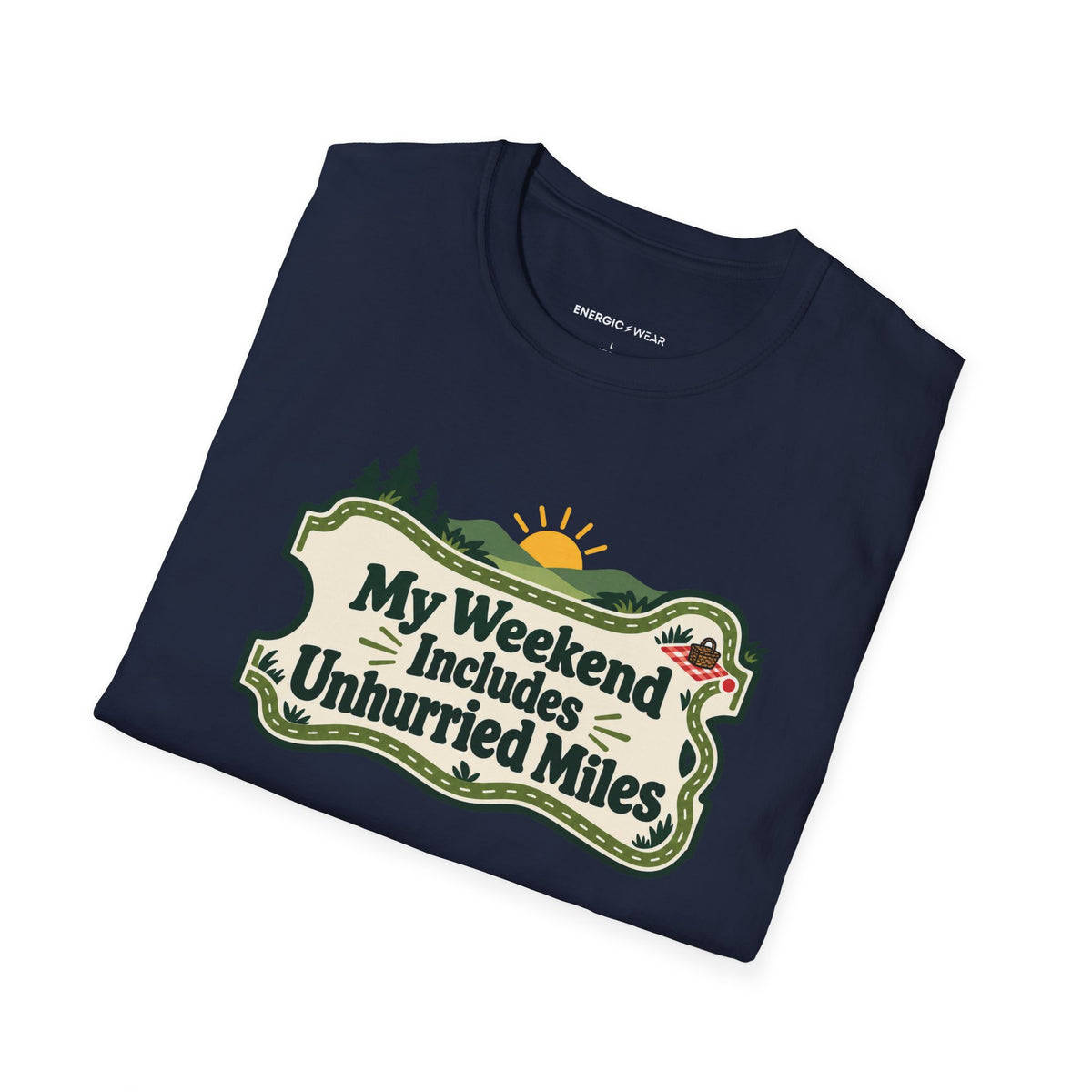 Graphic fitness T-shirt featuring the "My Weekend Includes Unhurried Miles" design.