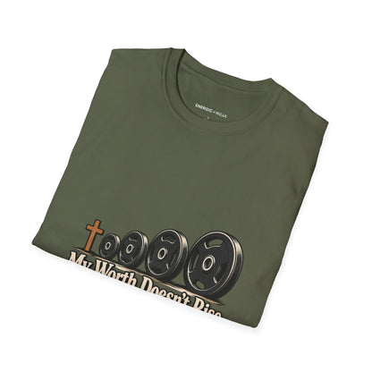 Graphic fitness T-shirt featuring the "My Worth Doesn t Rise With the Weight" design.