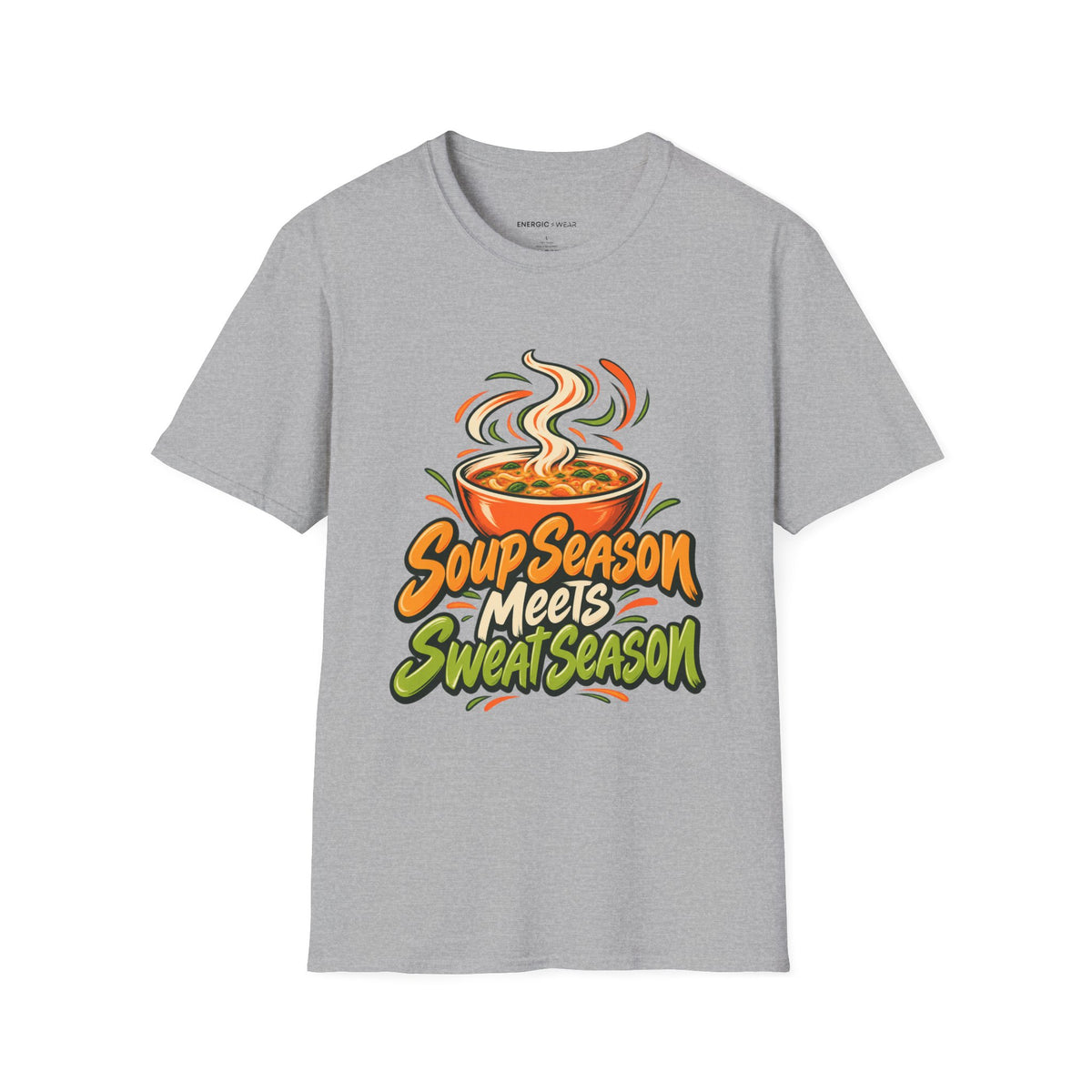 Graphic fitness T-shirt featuring the "Soup Season Meets Sweat Season" design.